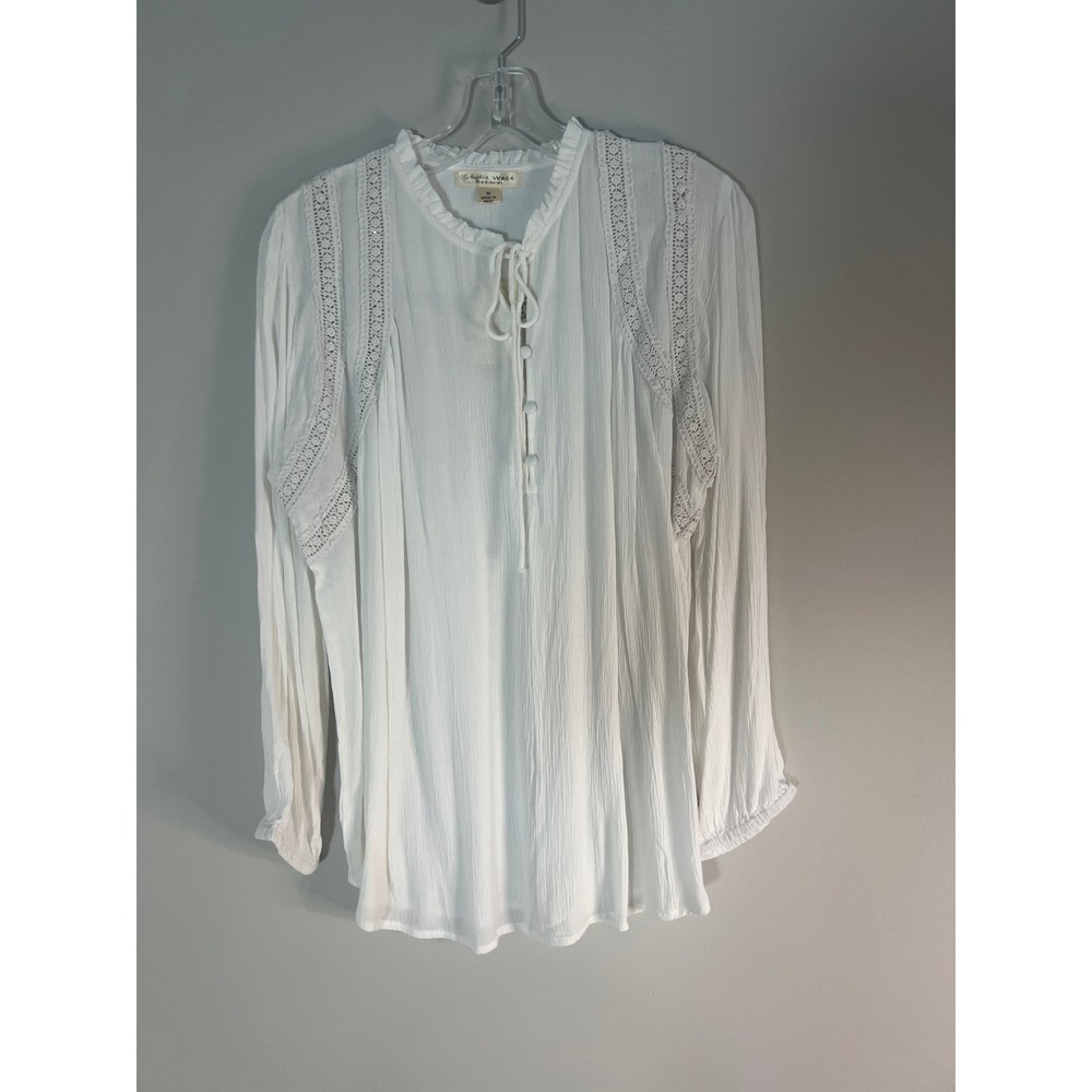 Studio West Apparel White Crochet Ruffle Neck Gauze Blouse Boho Top Size M NEW